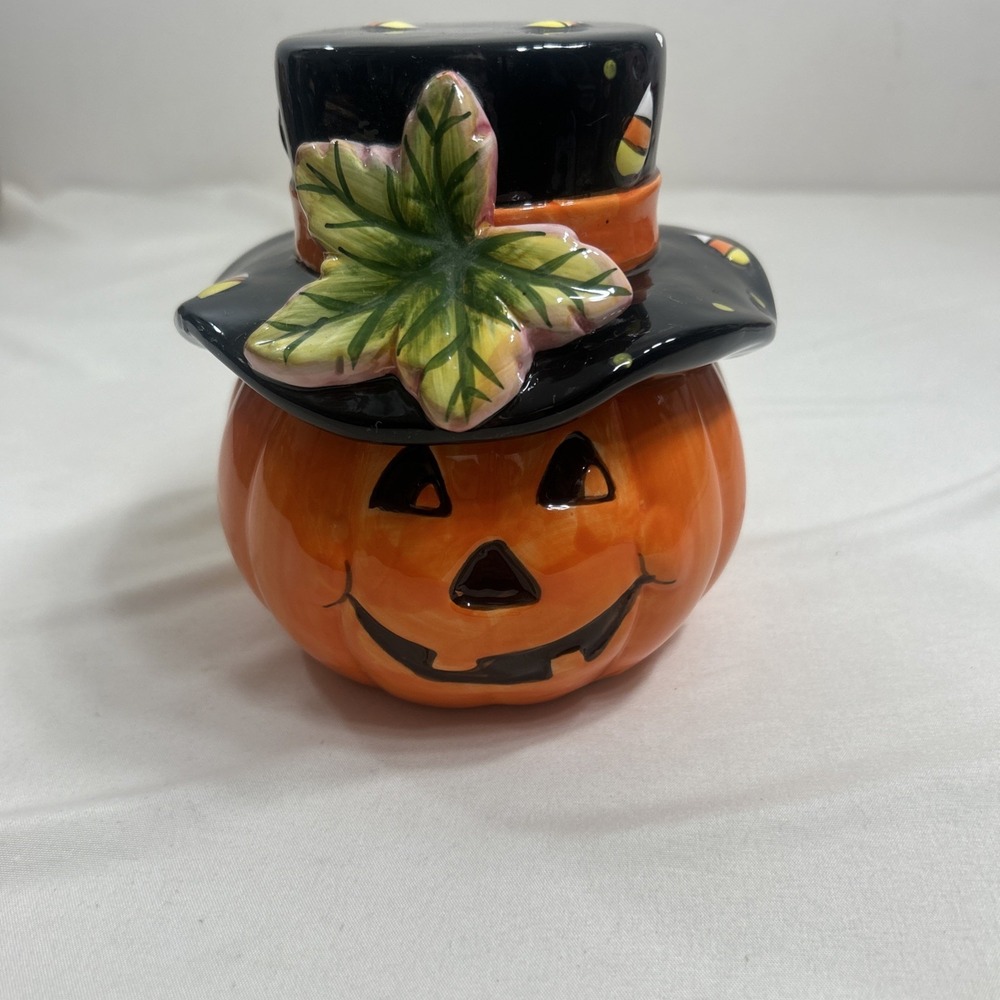 Tii Collection Halloween Ceramic Jack O Lantern w/Hat Lid 2PC Container 5.5"